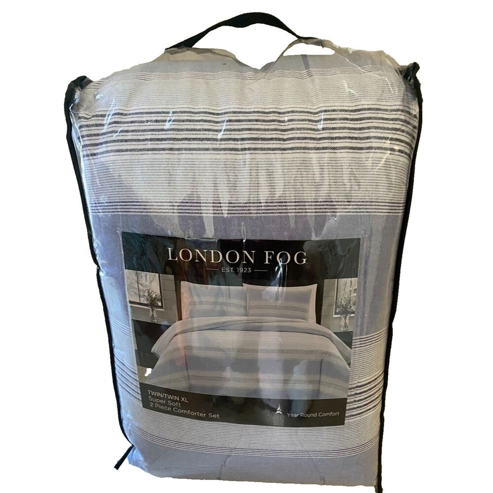 London Fog Super Soft 2 piece Comforter Set Blue White Stripes Twin/XL NIP
